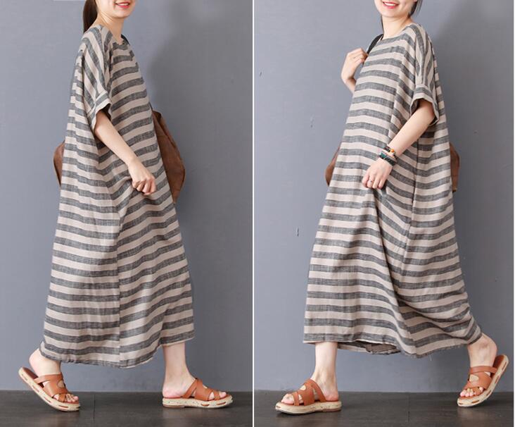 Stripe Cotton Linen Dresses Women Long Dresses Short Sleeve VPPBUY shop