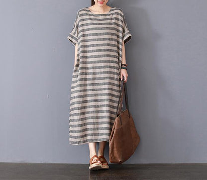 Stripe Cotton Linen Dresses Women Long Dresses Short Sleeve VPPBUY shop