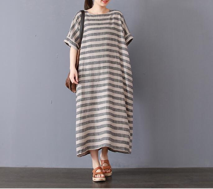 Stripe Cotton Linen Dresses Women Long Dresses Short Sleeve VPPBUY shop