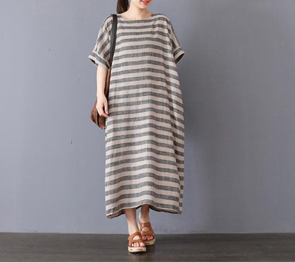 Stripe Cotton Linen Dresses Women Long Dresses Short Sleeve VPPBUY shop