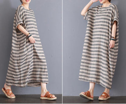 Stripe Cotton Linen Dresses Women Long Dresses Short Sleeve VPPBUY shop