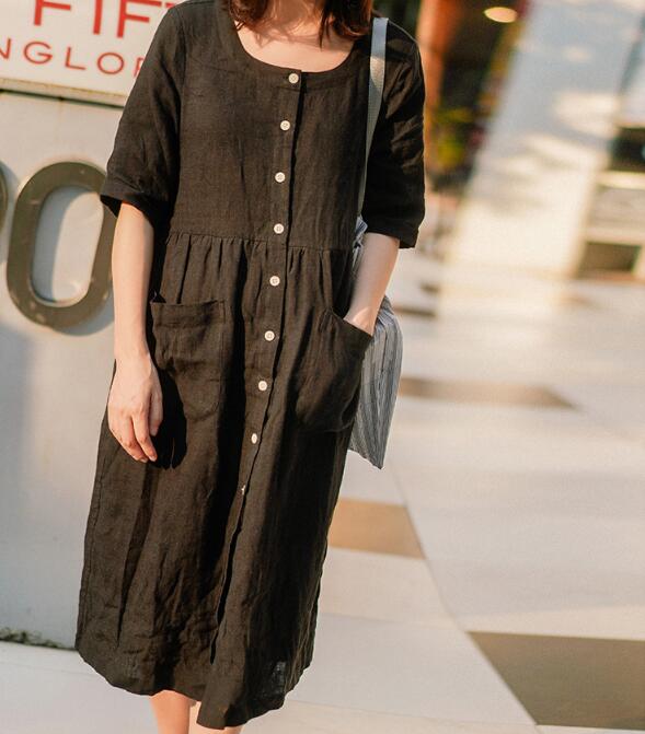 Black Shirts Linen Dress Buttons Midi Dresses CH90413 VPPBUY shop