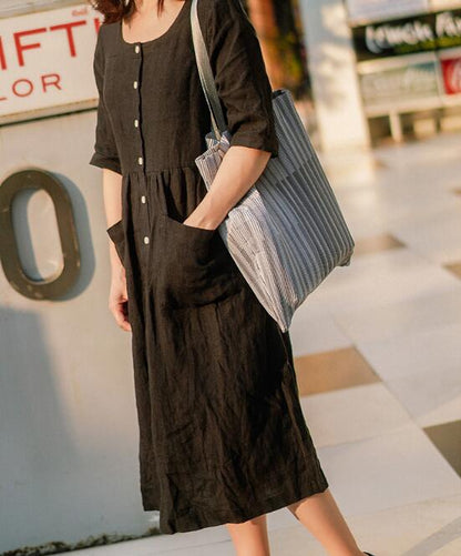 Black Shirts Linen Dress Buttons Midi Dresses CH90413 VPPBUY shop