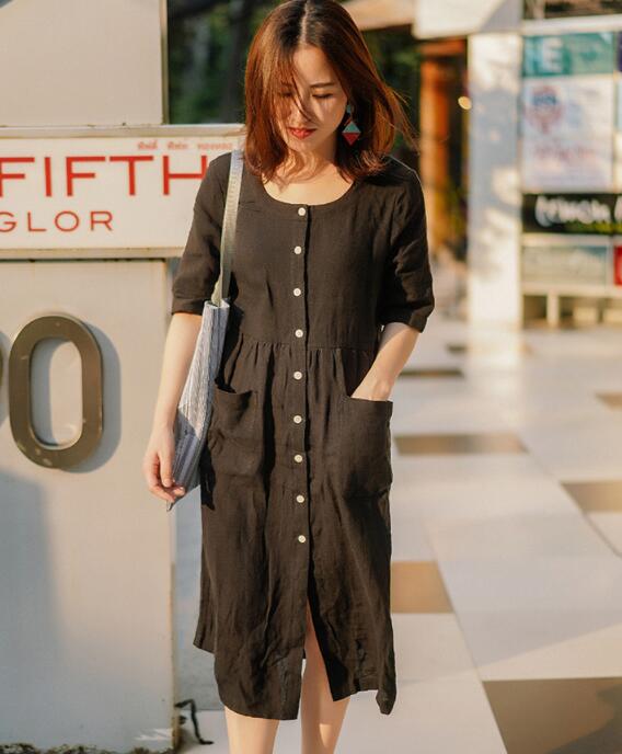 Black Shirts Linen Dress Buttons Midi Dresses CH90413 VPPBUY shop