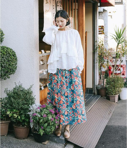 Print Flower Elastic Waist Women Skirts Summer Linen Skirts H91413 VPPBUY shop