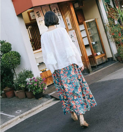 Print Flower Elastic Waist Women Skirts Summer Linen Skirts H91413 VPPBUY shop