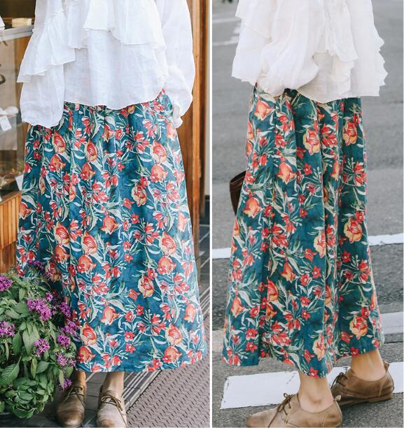 Print Flower Elastic Waist Women Skirts Summer Linen Skirts H91413 VPPBUY shop