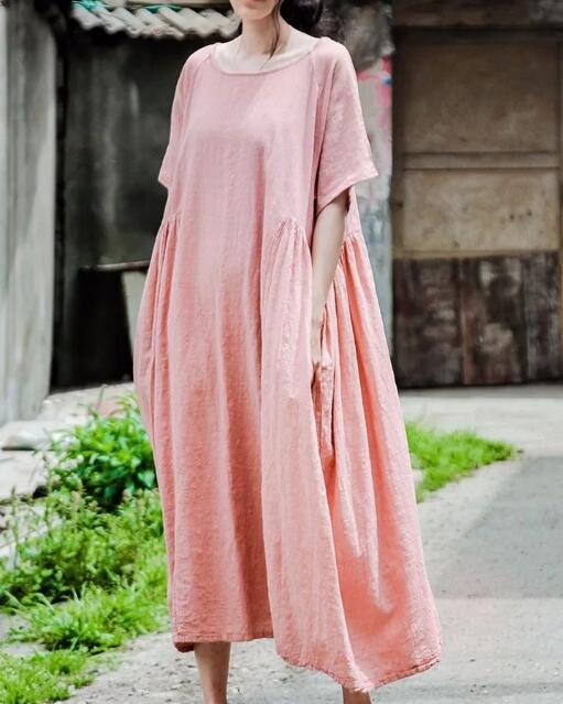 Pink Loose fitting Linen Women  Dresses 3/4 Sleeves  CH90423 VPPBUY shop