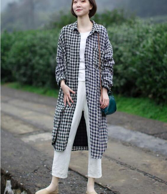 Checked 100% Soft Linen Spring Women Dresses Shirts CH90413 VPPBUY shop