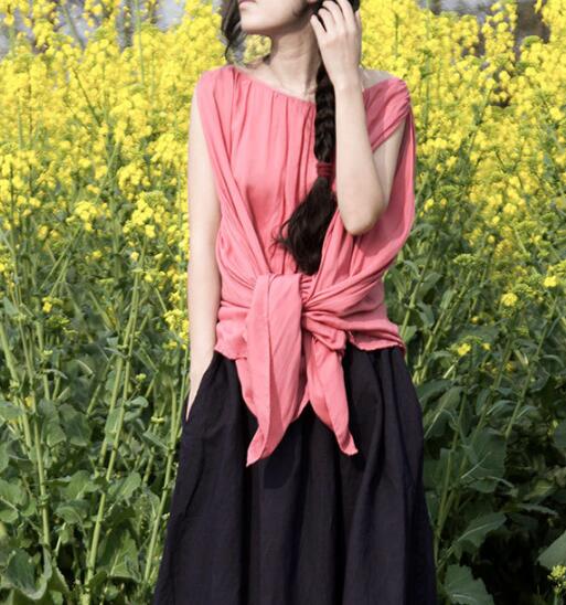 Women Summer Silk Cotton Tops Asymmetric Pink Blouse Sleeves Loose Style H9508 VPPBUY shop