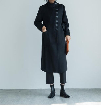 Buttons Black Women Winter Black Long Women Wool Coat Jacket 2155 VPPBUY shop