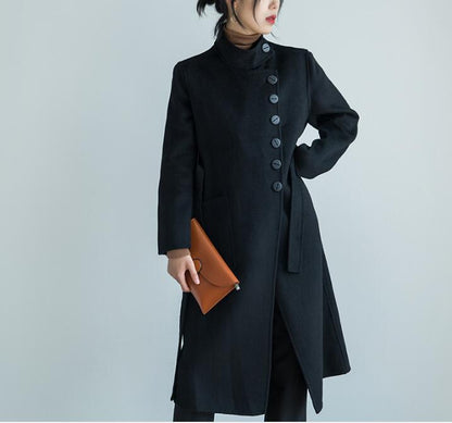 Buttons Black Women Winter Black Long Women Wool Coat Jacket 2155 VPPBUY shop