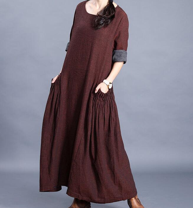 O Neck Pleated Side Pockets Long Sleeve Print Linen Women Maxi Dresses  LVSG200122 VPPBUY shop