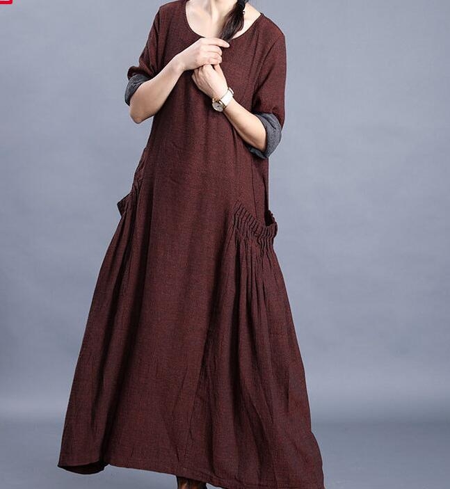 O Neck Pleated Side Pockets Long Sleeve Print Linen Women Maxi Dresses  LVSG200122 VPPBUY shop