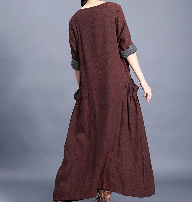 O Neck Pleated Side Pockets Long Sleeve Print Linen Women Maxi Dresses  LVSG200122 VPPBUY shop