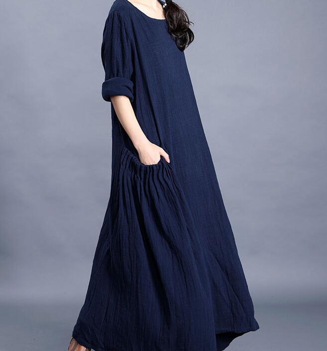 Navy  O Neck Pleated Side Pockets Long Sleeve Print Linen Women Maxi Dresses  LVSG200122 VPPBUY shop