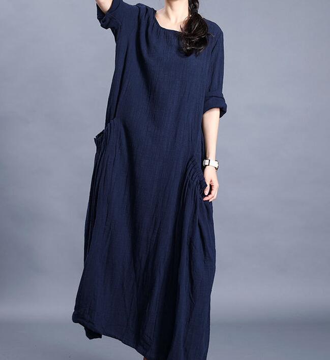 Navy  O Neck Pleated Side Pockets Long Sleeve Print Linen Women Maxi Dresses  LVSG200122 VPPBUY shop