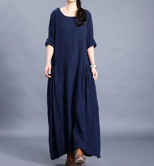 Navy  O Neck Pleated Side Pockets Long Sleeve Print Linen Women Maxi Dresses  LVSG200122 VPPBUY shop