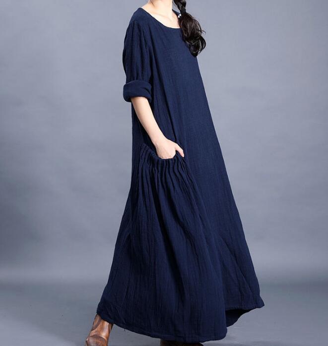 Navy  O Neck Pleated Side Pockets Long Sleeve Print Linen Women Maxi Dresses  LVSG200122 VPPBUY shop