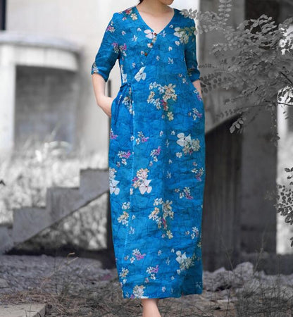 Floral Linen half Sleeve Dress Women Dress SJP9201229 VPPBUY shop