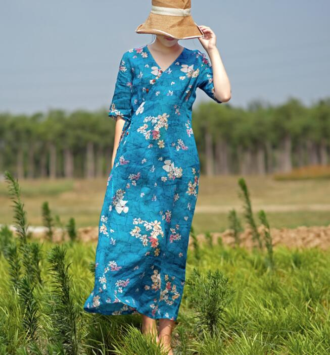 Floral Linen half Sleeve Dress Women Dress SJP9201229 VPPBUY shop