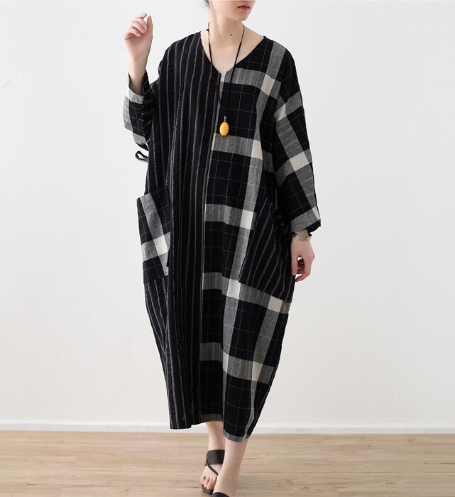 V Neck Patchwork Spring Cotton Linen Loose Long Dresses Plus Size AMT962328 VPPBUY shop