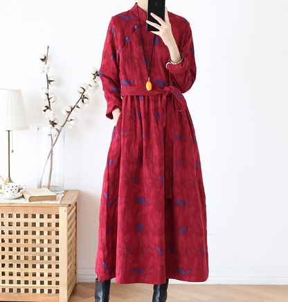 Floral Print Linen Cotton Loose Long Women Spring Dresses Plus Size With Waist Belt AMT962328 VPPBUY shop