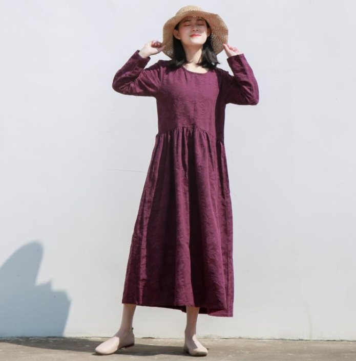 Jacquard Linen Cotton Long Sleeve Women Dress VPPBUY shop