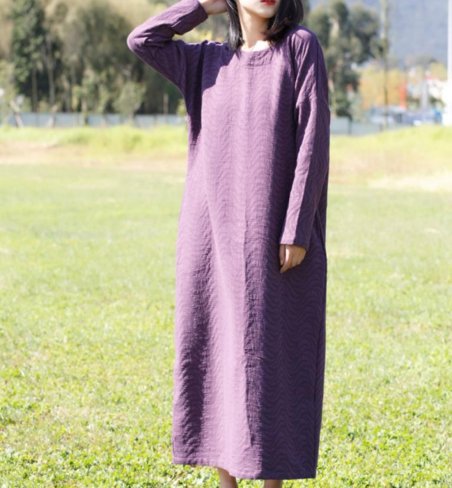 Long Sleeve Jacquard Linen Cotton O Neck Women Dress VPPBUY shop