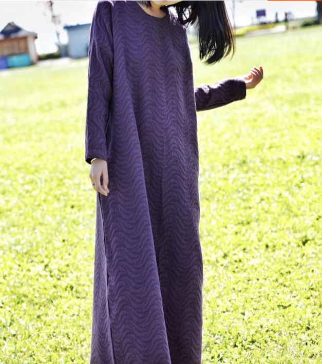 Long Sleeve Jacquard Linen Cotton O Neck Women Dress VPPBUY shop