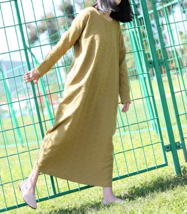 Long Sleeve Jacquard Linen Cotton O Neck Women Dress VPPBUY shop