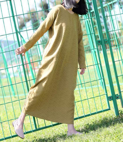 Long Sleeve Jacquard Linen Cotton O Neck Women Dress VPPBUY shop