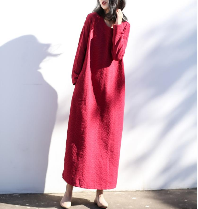 Long Sleeve Jacquard Linen Cotton O Neck Women Dress VPPBUY shop