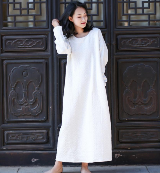 Long Sleeve Jacquard Linen Cotton O Neck Women Dress VPPBUY shop