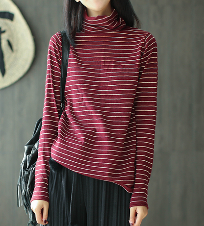 Striped High Collar Long Sleeves Knit T-Shirts Spring Tops H9508 VPPBUY shop