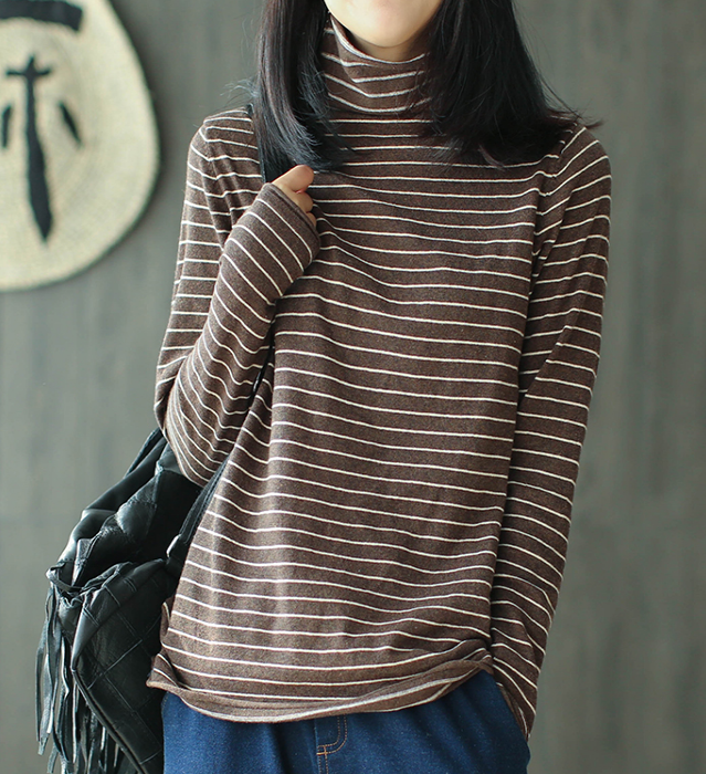 Striped High Collar Long Sleeves Knit T-Shirts Spring Tops H9508 VPPBUY shop