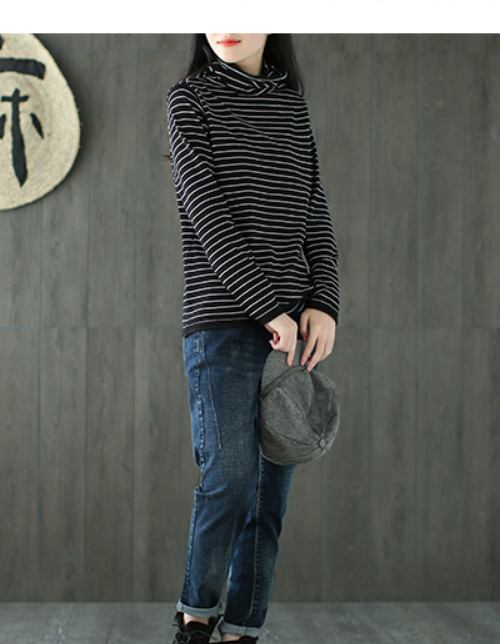 Striped High Collar Long Sleeves Knit T-Shirts Spring Tops H9508 VPPBUY shop