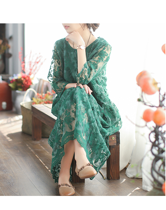 Loose Long Sleeve Lace O Neck Plus Size Women Dress VPPBUY shop