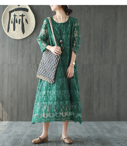 Loose Long Sleeve Lace O Neck Plus Size Women Dress VPPBUY shop