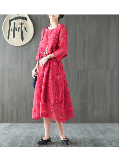 Loose Long Sleeve Lace O Neck Plus Size Women Dress VPPBUY shop