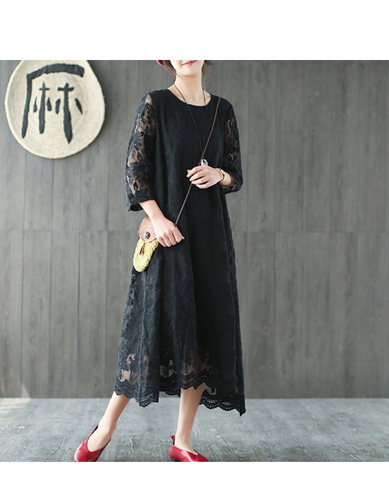 Loose Long Sleeve Lace O Neck Plus Size Women Dress VPPBUY shop