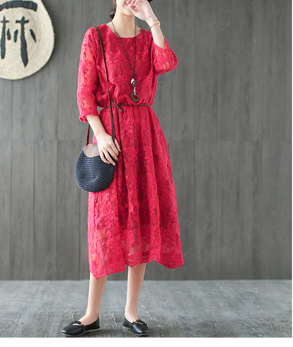 Loose Long Sleeve Lace O Neck Plus Size Women Dress VPPBUY shop