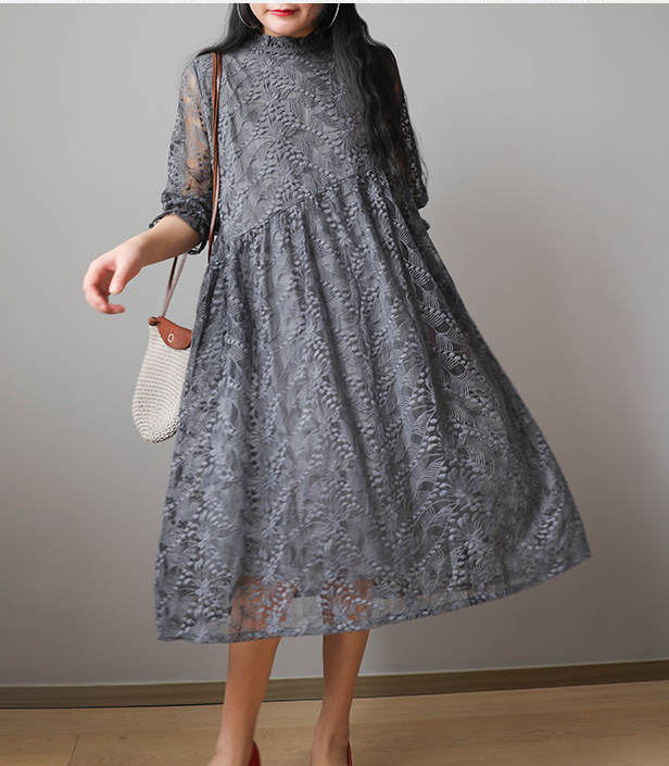 Loose Long Sleeve Lace O Neck Plus Size Women Dress VPPBUY shop