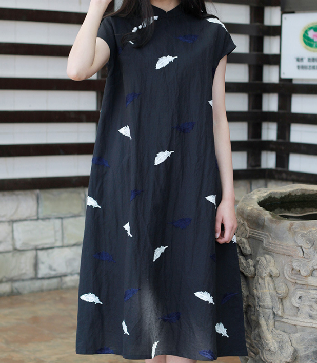 Embroidery Feather Linen O Neck Women Dress VPPBUY shop