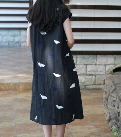 Embroidery Feather Linen O Neck Women Dress VPPBUY shop