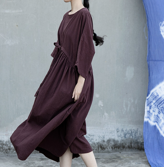 Purple Loose Linen Cotton O Neck Quarters Sleeves Women Dress VPPBUY shop