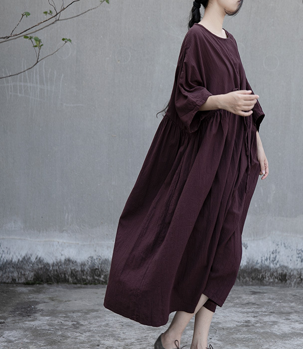 Purple Loose Linen Cotton O Neck Quarters Sleeves Women Dress VPPBUY shop