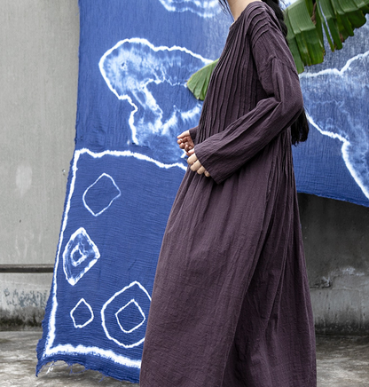 Pleated  Linen Long Loose O Neck Women Dresses VPPBUY shop