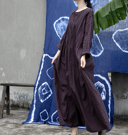 Pleated  Linen Long Loose O Neck Women Dresses VPPBUY shop