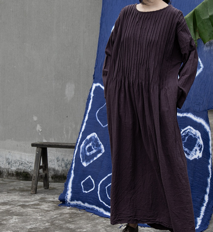 Pleated  Linen Long Loose O Neck Women Dresses VPPBUY shop